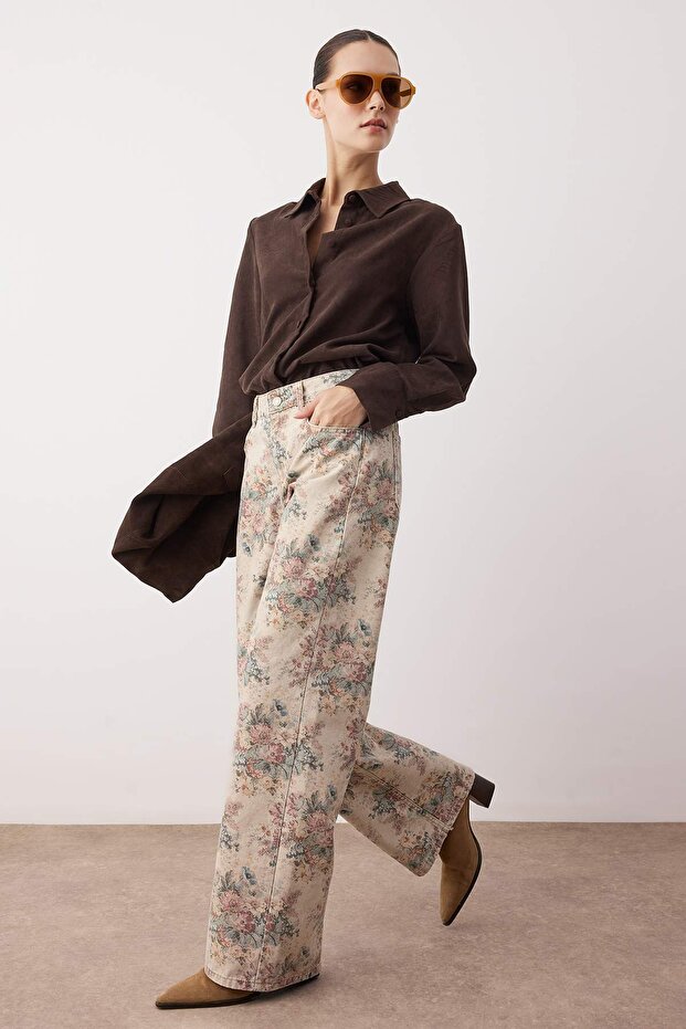 Çok Renkli Çiçek Desenli Yüksek Bel Wide Leg Jeans TWOAW26JE00246 - 1