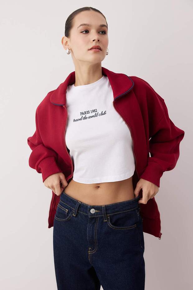 Bordo Polo Yaka Biyeli Oversize/Geniş Kalıp Örme Sweatshirt TWOAW26SW00195 - 2