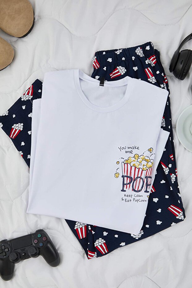 Beyaz Regular Fit Pamuklu Popcorn Desenli Uzun Pijama Takımı TMNAW26PT00053 - 1