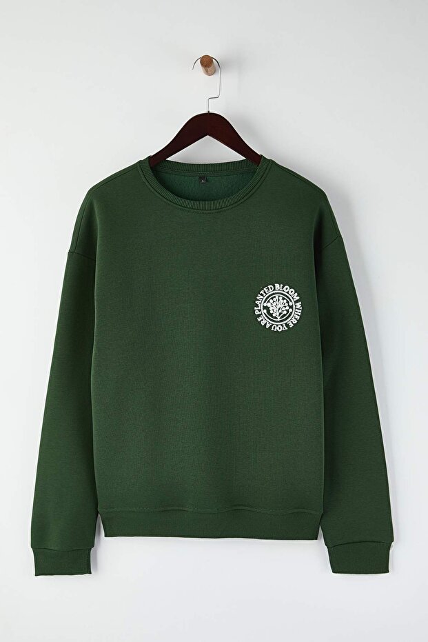 Haki Oversize/Geniş Kesim Çiçek Nakışlı İçi Polarlı Pamuklu Sweatshirt TMNAW24SW00012 - 6