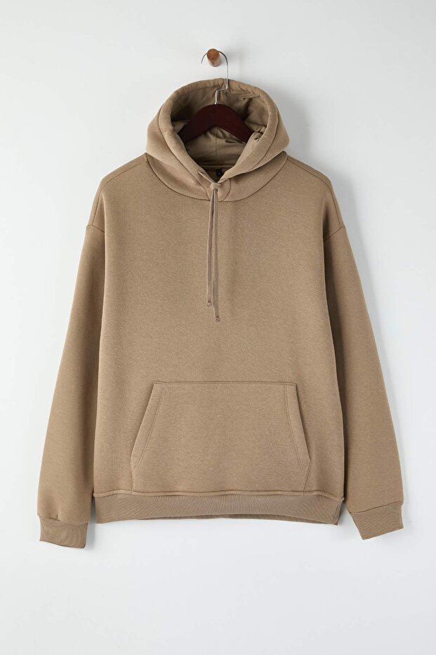 Koyu Vizon Basic Oversize/Geniş Kesim Kapüşonlu İçi Polar/Sıcak Tutan Sweatshirt TMNAW21SW2005 - 5