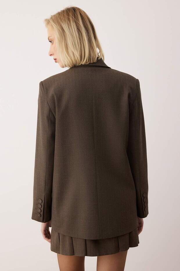 EXCLUSIVE Özel Koleksiyon Vizon Cep Detaylı Ekoseli Oversize Blazer Ceket TWOAW26BC00048 - 6
