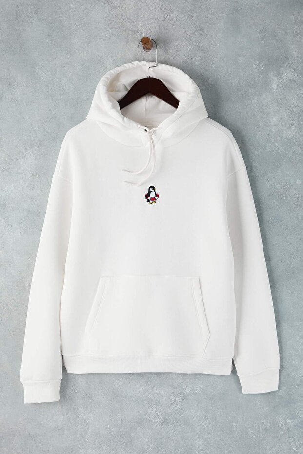 Ekru Oversize/Geniş Kesim Kapüşonlu İçi Polarlı Penguen Nakışlı Sweatshirt TMNAW24SW00018 - 5