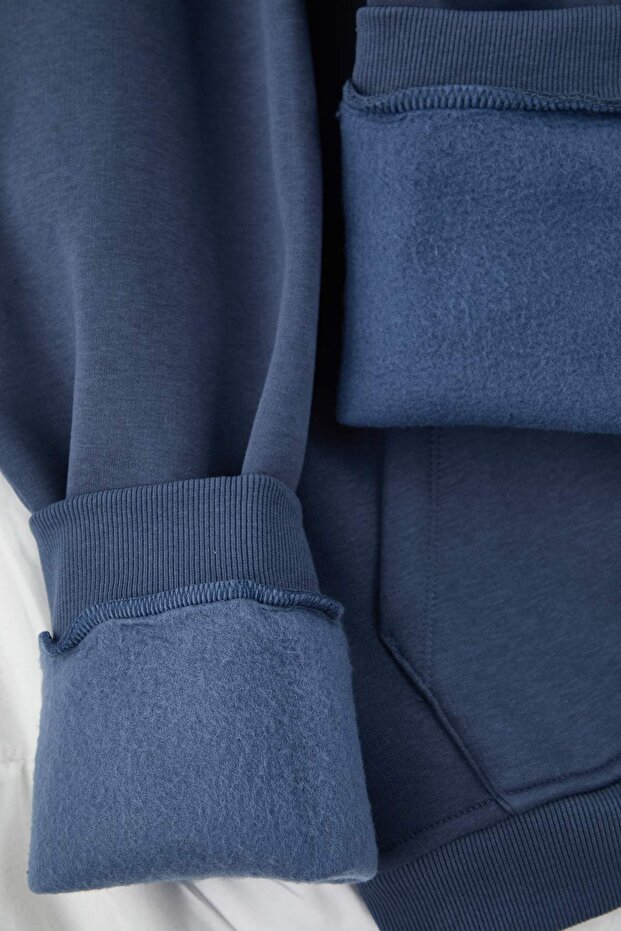 Büyük Beden Indigo Oversize/Geniş Kapüşonlu İçi Polarlı Eşofman Takımı TMNAW25TS00000 - 4