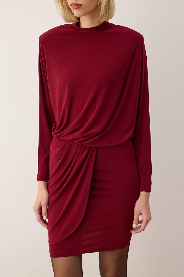 Bordo Vatkalı Örme Mini Astarsız Elbisesi TPRAW26EL00126 - 4