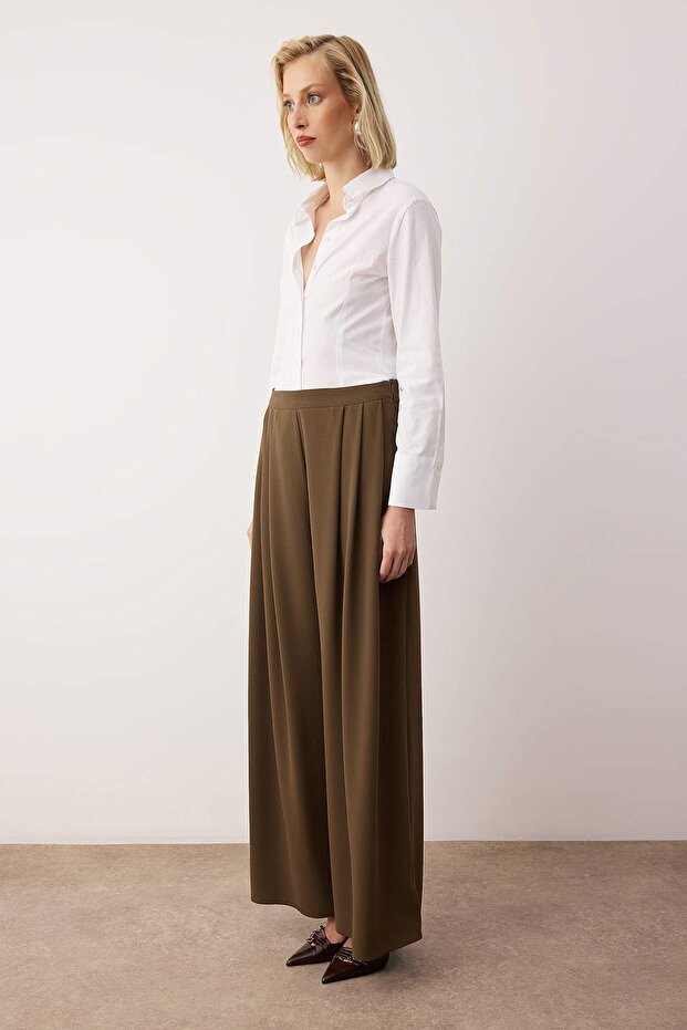 EXCLUSIVE Açık Haki Çift Pilili Dökümlü Kumaş Extra Wide Leg Geniş Paça Pantolon TWOAW26PL00122 - 3