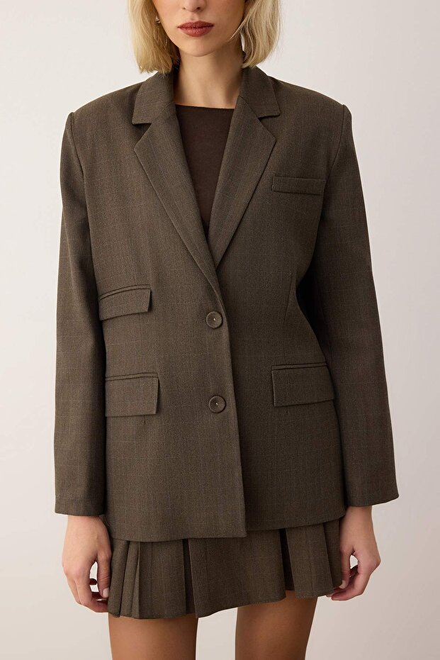 EXCLUSIVE Özel Koleksiyon Vizon Cep Detaylı Ekoseli Oversize Blazer Ceket TWOAW26BC00048 - 5