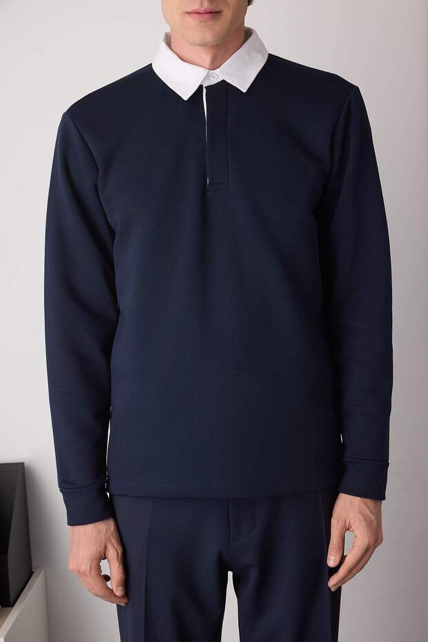 Lacivert Yeni Oversize/Geniş Kesim Yakası Dokuma Polo Yaka Sweatshirt TMNAW26SW00012 - 3