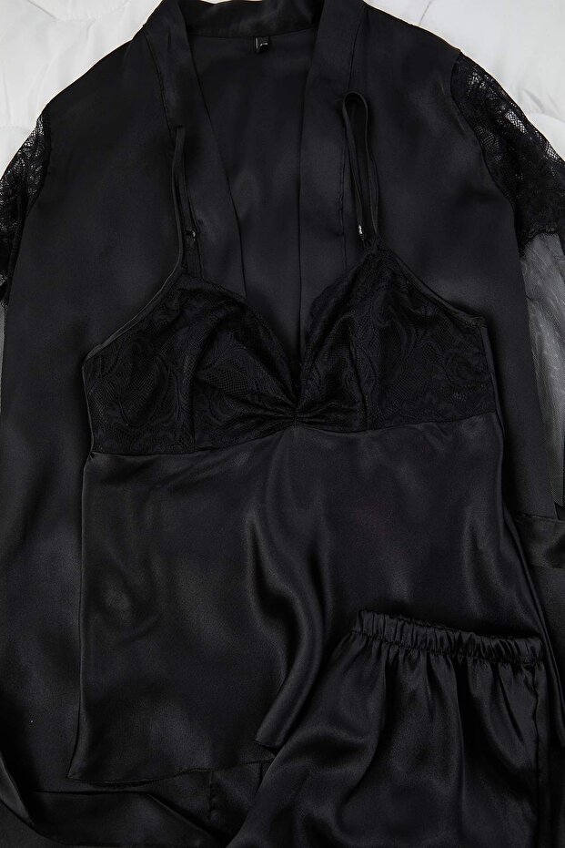 Siyah 3'lü Çeyiz Set Saten Dokuma Pijama Takımı THMAW26PT00199 - 8