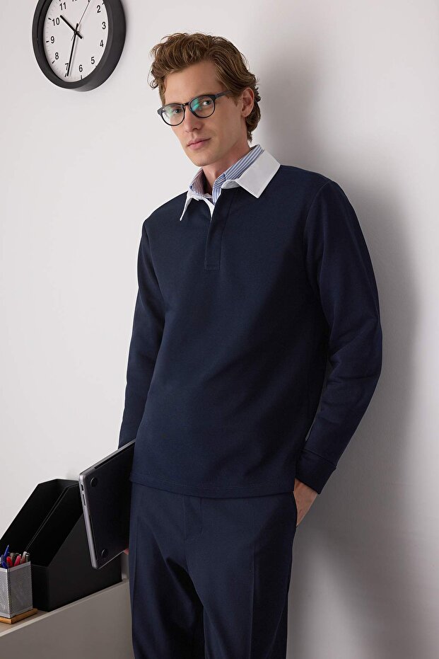 Lacivert Yeni Oversize/Geniş Kesim Yakası Dokuma Polo Yaka Sweatshirt TMNAW26SW00012 - 1