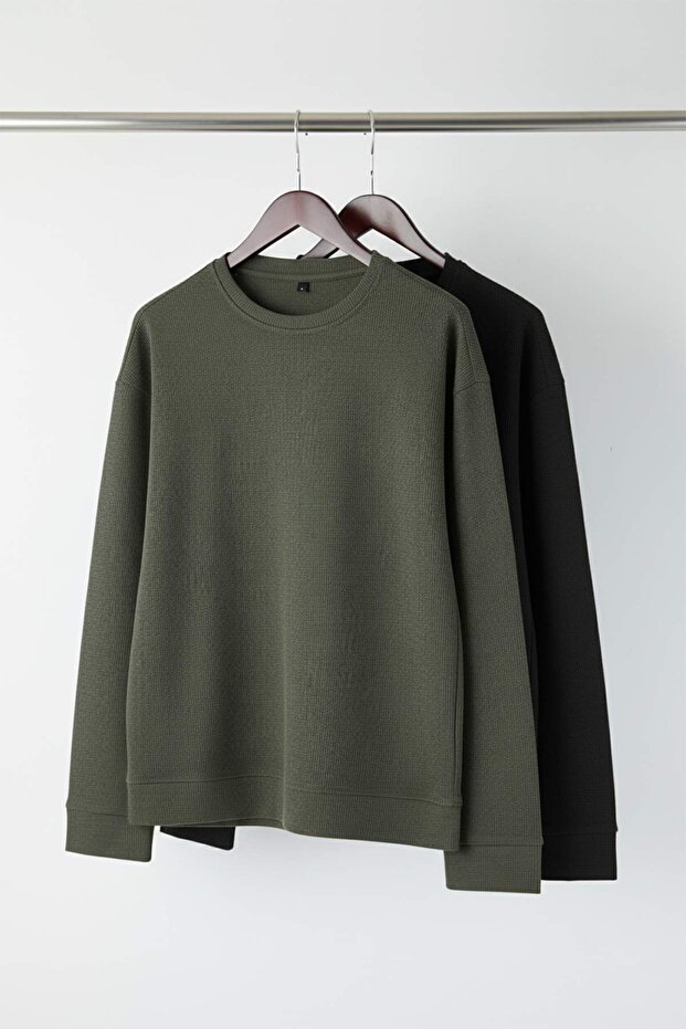 Siyah - Haki Yeni Oversize/Geniş Kalıp 2'li Paket Dokulu Waffle Sweatshirt TMNAW26SW00028 - 8