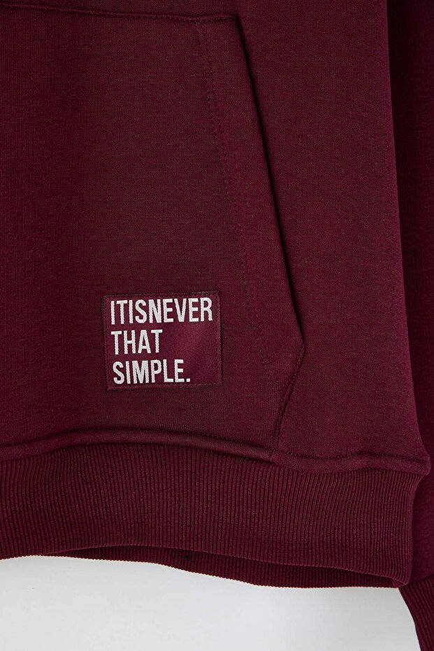 Bordo Oversize/Geniş Kesim Kapüşonlu Etiketli İçi Polar Pamuklu Sweatshirt TMNAW21SW2005 - 6