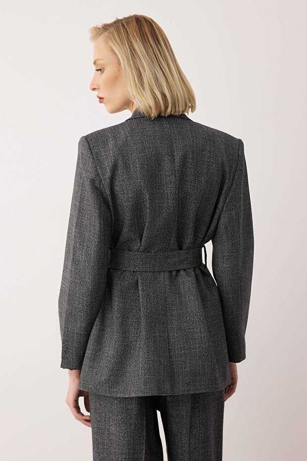 EXCLUSIVE Özel Koleksiyon Antrasit Kuşaklı Oversize Yün İçerikli Blazer Ceket TWOAW26BC00049 - 5