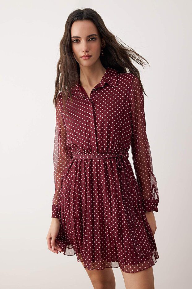 Bordo Puantiyeli Kuşaklı Kısa / Mini Dokuma Gömlek Elbise TWOAW26EL00283 - 1