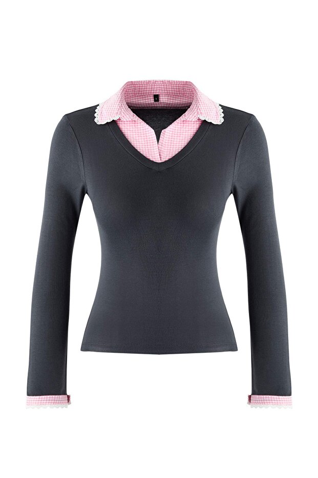 Antrasit Ekose/Kareli Fitted/Vücuda Oturan Dokuma Detaylı Örme Bluz TWOAW26BZ00008 - 5