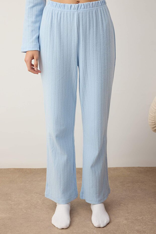 Mavi Cep Detaylı Fitilli Örme Pijama Takımı THMAW26PT00127 - 3