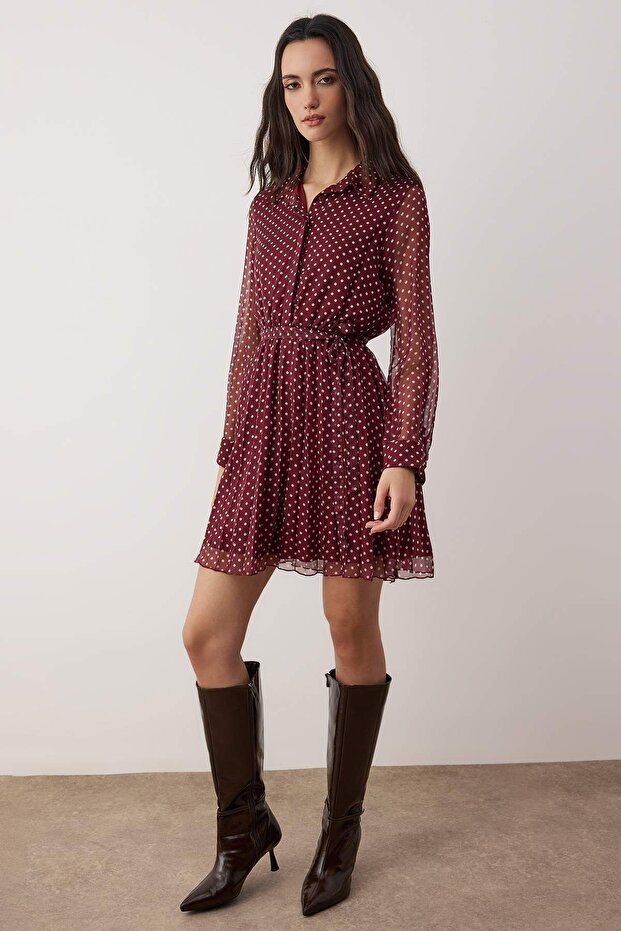 Bordo Puantiyeli Kuşaklı Kısa / Mini Dokuma Gömlek Elbise TWOAW26EL00283 - 2