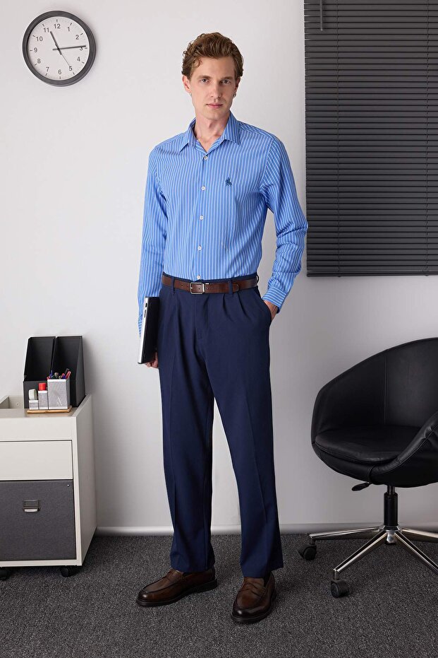 Mavi Slim Fit Çizgili Nakışlı Yumuşak Dokulu Erkek Gömlek TMNAW26GO00005 - 2