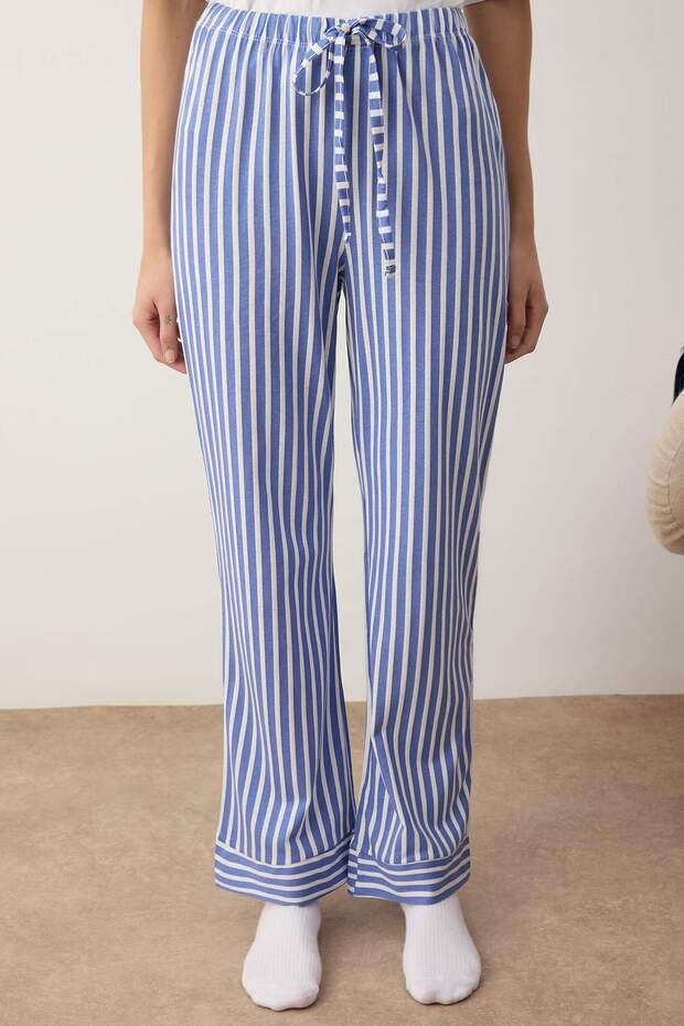 Beyaz Mavi %100 Pamuklu Çizgili Örme Pijama Altı THMAW24PJ00001 - 3