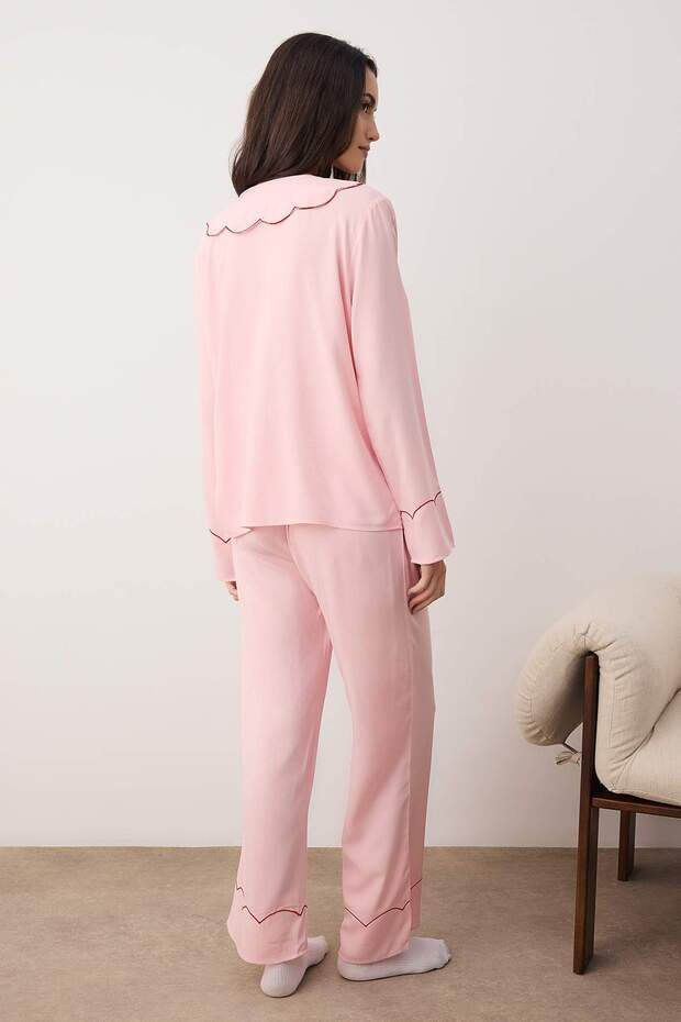 Pembe Çilek Nakışlı Viskon Dokuma Pijama Takımı THMAW26PT00169 - 4