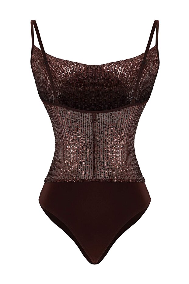 Koyu Kahverengi Degaje Yaka Askılı Örme Payet Çıtçıtlı Body TPRAW26BD00030 - 6