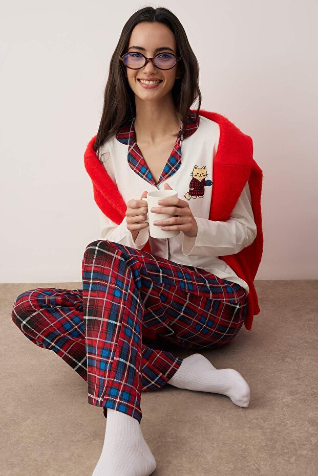 Ekru %100 Pamuklu Ekoseli Kedi Baskılı Örme Pijama Takımı THMAW26PT00153 - 1