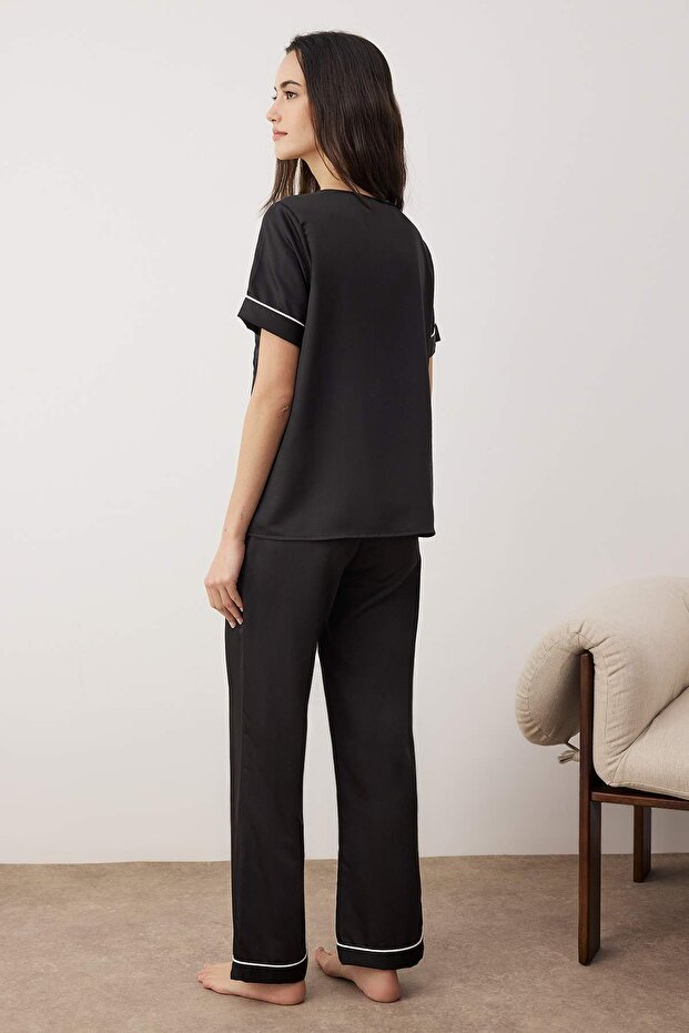 Siyah Biyeli Mat Saten Dokuma Pijama Takımı THMAW26PT00031 - 4