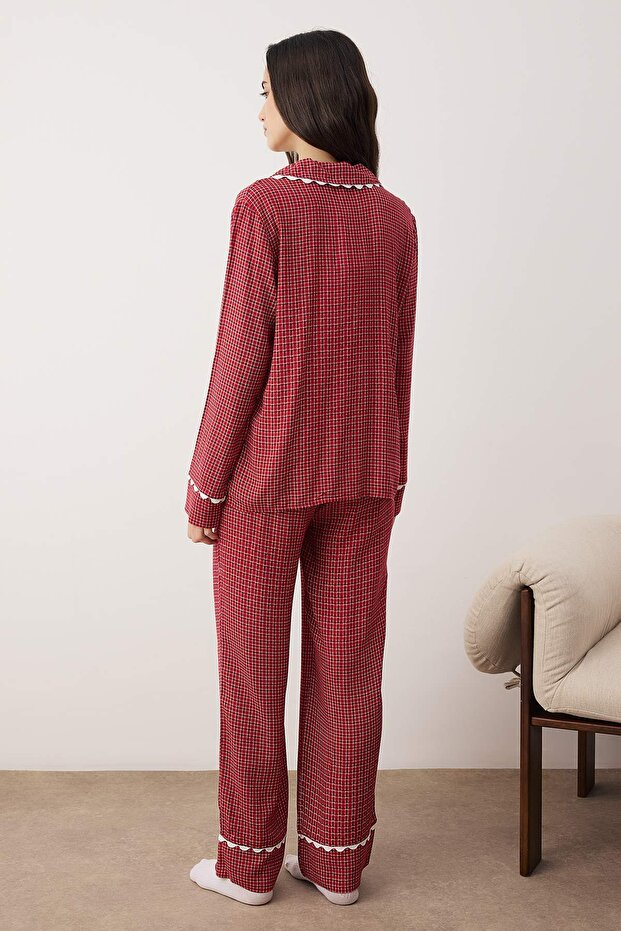 Bordo Ekose / Kareli Viskon Dokuma Pijama Takımı THMAW26PT00100 - 4