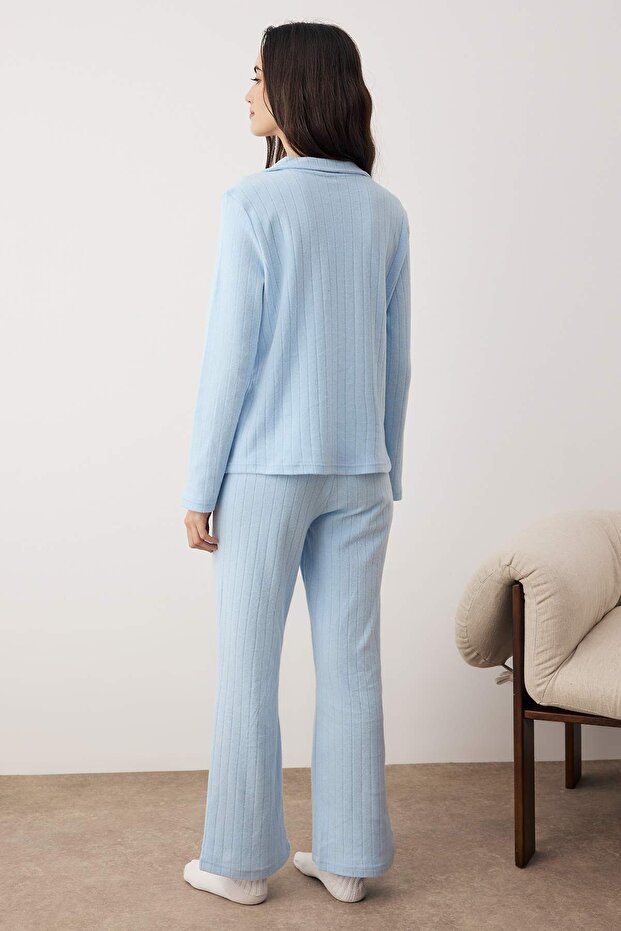 Mavi Cep Detaylı Fitilli Örme Pijama Takımı THMAW26PT00127 - 4