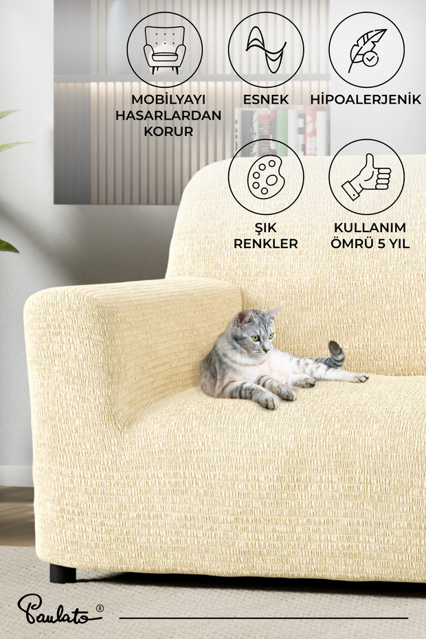 Piliseli Lastikli Esnek ve Yıkanabilir 4 Kişilik Koltuk Örtüsü - Vanilya - 6
