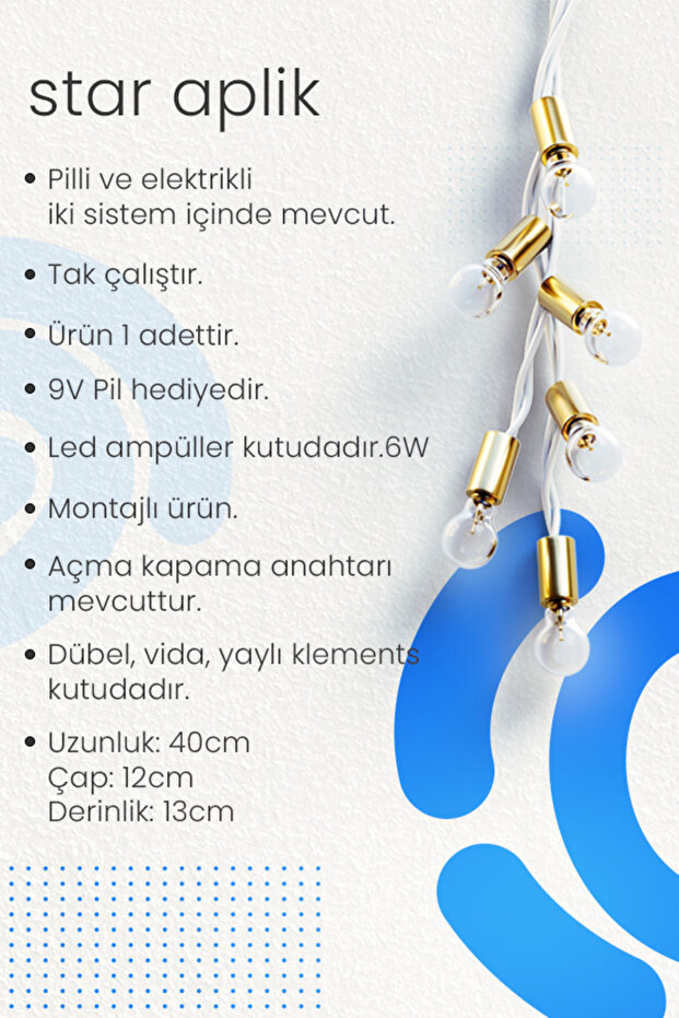 Star Aplik Siyah , Pilli Aplik, Anahtarlı, Pilli Elektrikli Ledli Duvar Aplik, Gece Lambası - 7