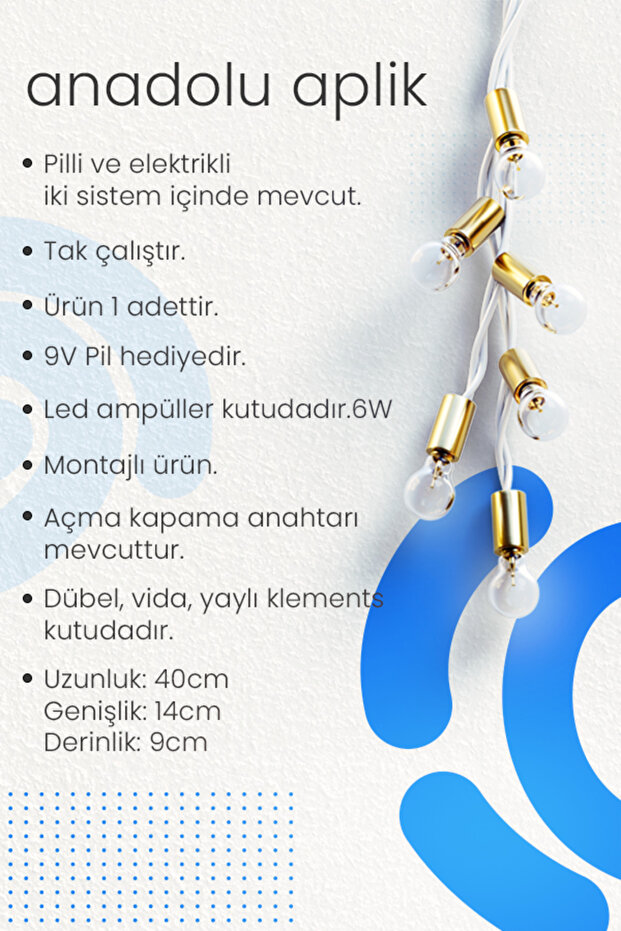 Anadolu Aplik Eskitme, Pilli Aplik, Anahtarlı, Pilli Elektrikli Ledli Duvar Aplik, Gece Lambası - 8