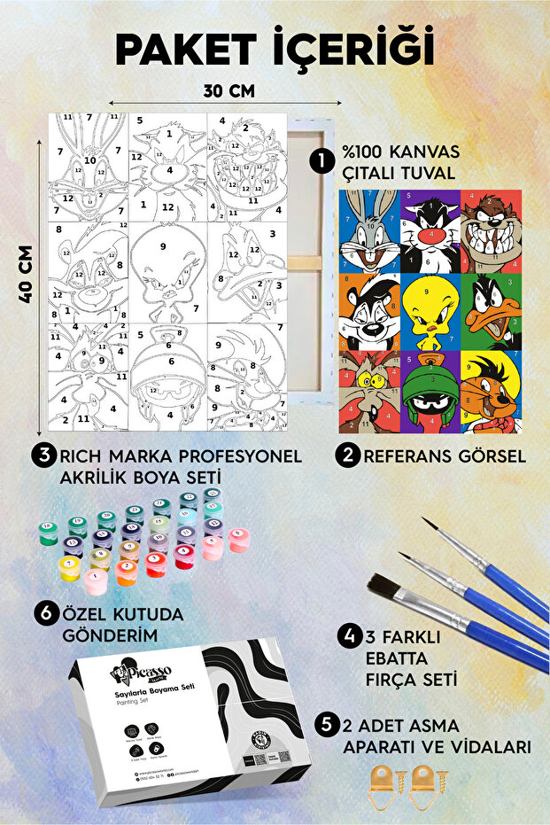 Çocuk Sayılarla Boyama Numaralı Tuval Seti Fırça Boya Dahil 30x40 Cm Sevimli Kahramanlar - 2