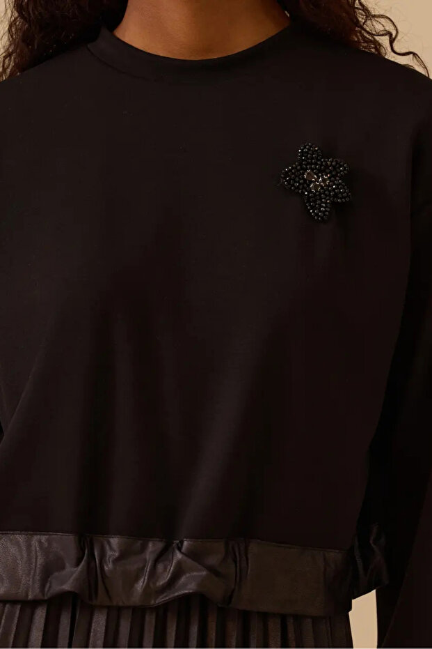 siyah deri piliseli elbise kadın - 4