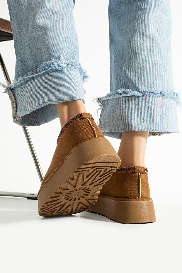 Taba Süet İçi Yünlü Kalın Taban Yarım Bot Ayakkabı - 4