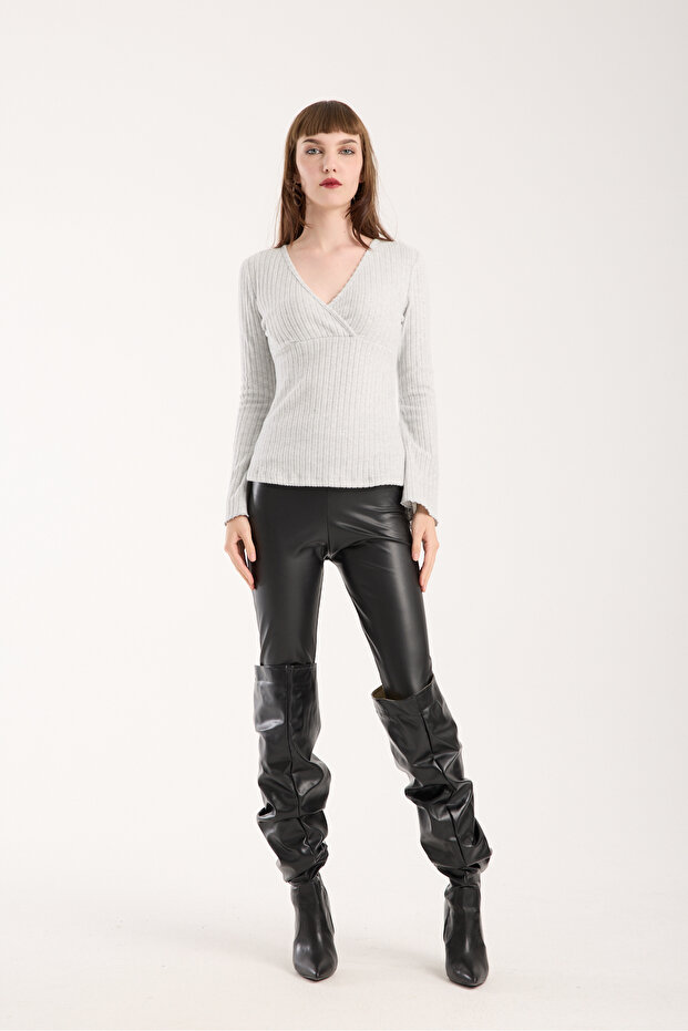 Gri Anvelop Yaka İspanyol Kol Triko Bluz - 6