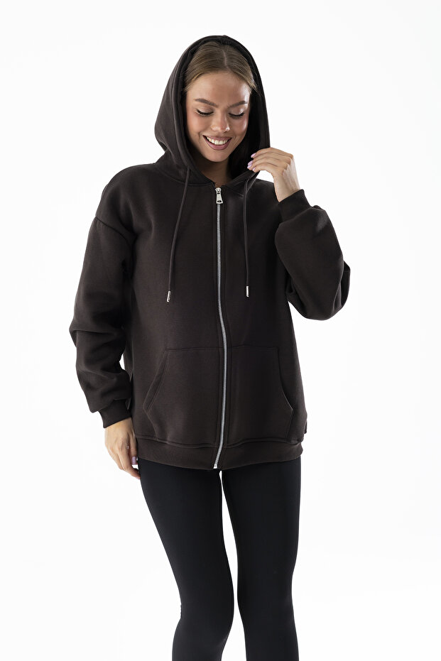 Women's Hooded Zippered Ribbed 3Ip Sweatshirt Brown - 9015 - 264401
