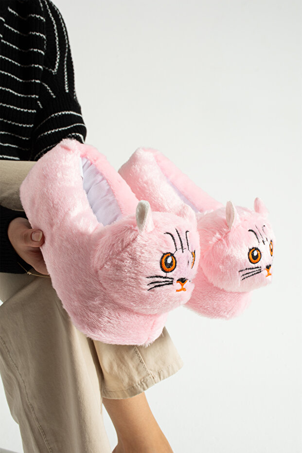 Pembe Hayvanlı Sessiz Taban Panduf Sevimli Kedi Figürlü Peluş Ev Ayakkabısı - 5