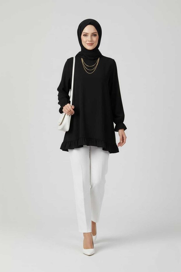 Women's Black Pleated Hijab Shirt Tunic with Ruffled Sleeves and Skirt Blouse Trend