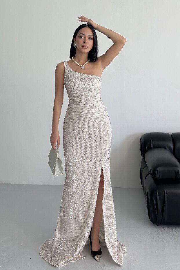 Trend Kadife Pullu Elbise Beyaz - 3