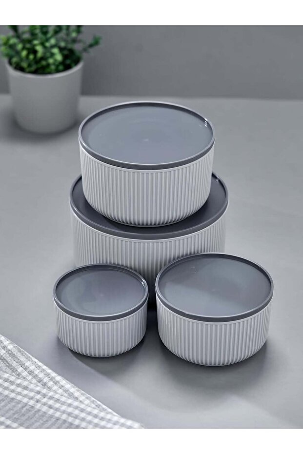 Set of 4 Striped, Round Storage Container Set / 2.5Lt.- 1.5Lt.- 0.80Lt.- 0.45Lt. - 3
