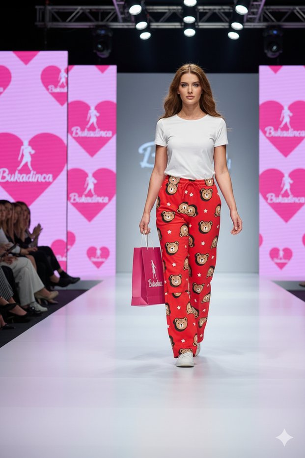 Pajama Bottoms with Panda Pattern on Red Cotton Fabric