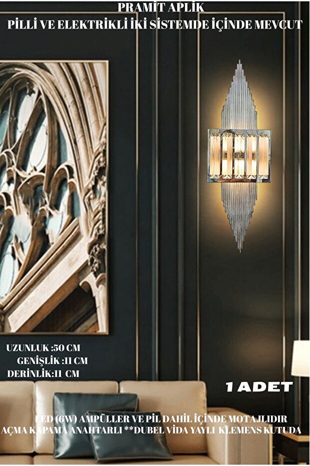 Pramit Aplik Gümüş, Duvar Pilli Aplik, 1 Adet Ledli Duvar Aplik, Tak Çalıştır, Kablosuz - 1
