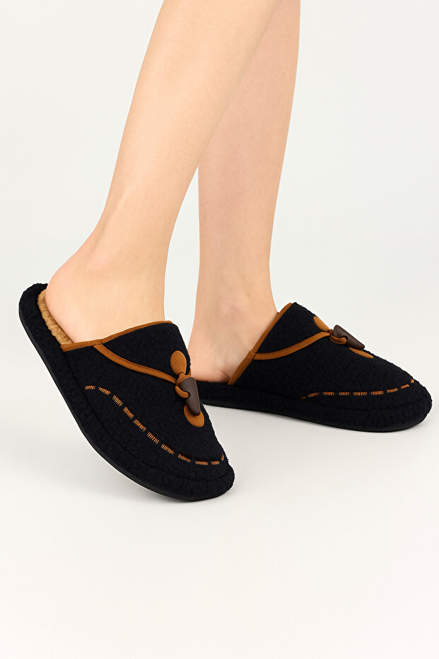 Women's Winter Stitched Buttoned Comfortable Non-Slip Furry House Slippers with Towel Inside (Narrow Fit)