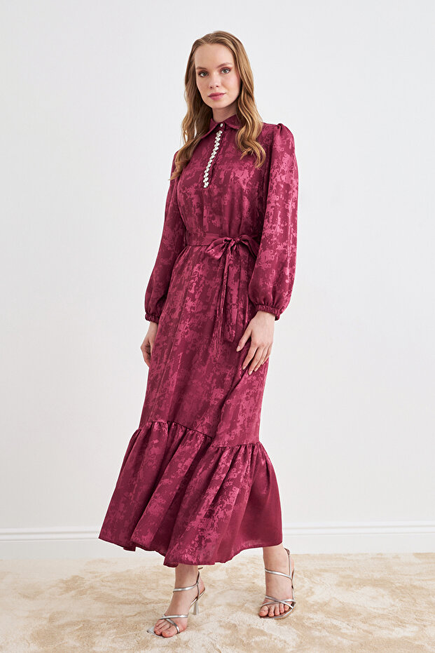 Mayra Taşlı Jakar Elbise - Bordo - 1