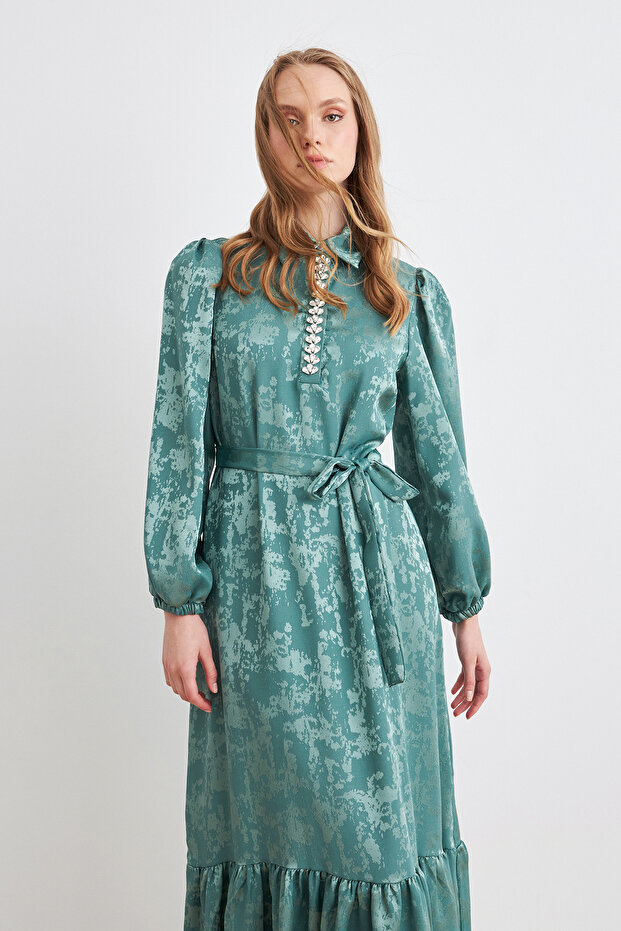 Mayra Taşlı Jakar Elbise - Mint - 4