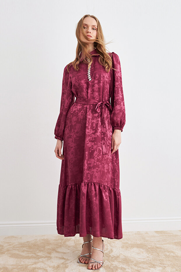 Mayra Taşlı Jakar Elbise - Bordo - 3