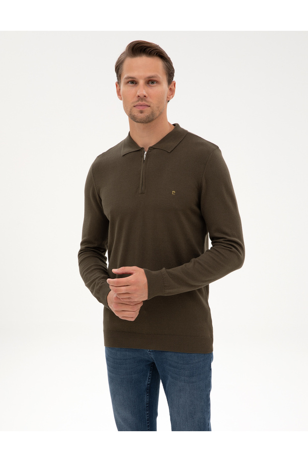 Khaki Slim Fit Polo Neck Zippered Basic Knitwear Sweater 50314191-Vr027
