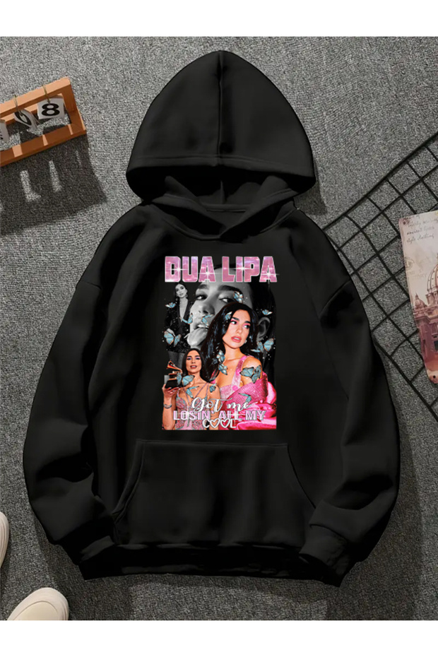 سويت شيرت أسود بقلنسوة مطبوع عليه dua lıpa v3