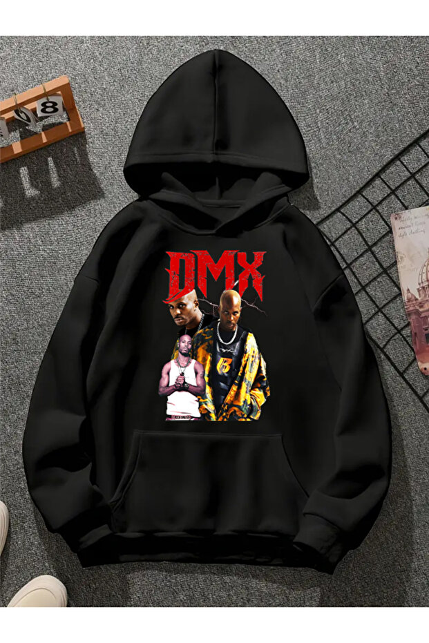 سويت شيرت أسود بقلنسوة مطبوعة من dmx v2